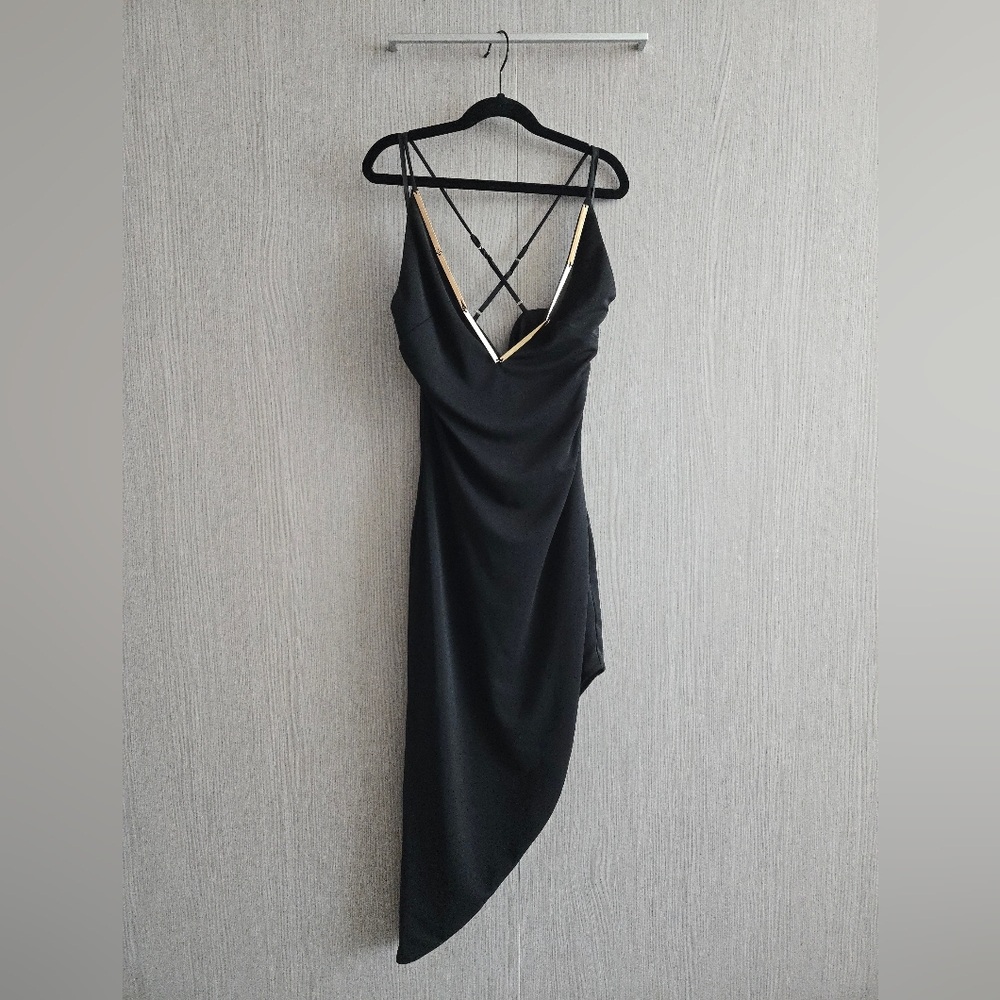 Black Asymmetrical Dress with Gold Accents